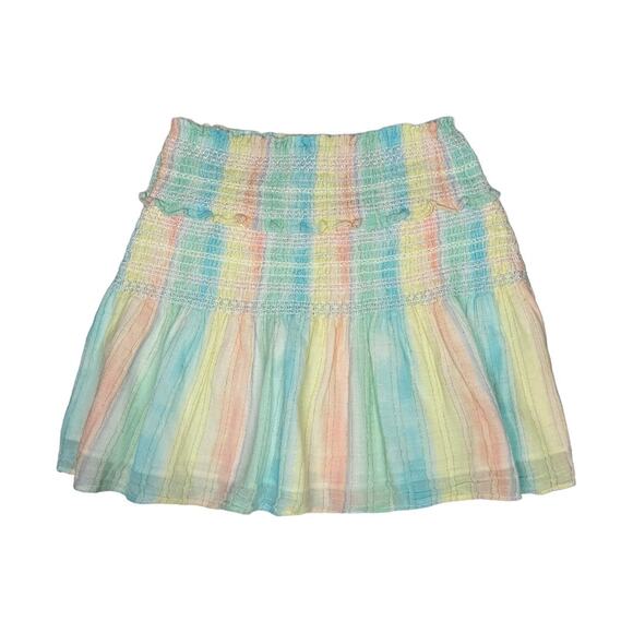 LoveShackFancy Camilla Rainbow Striped Mini Skirt P XS Ruffle Smocked Coquette - Picture 3 of 9